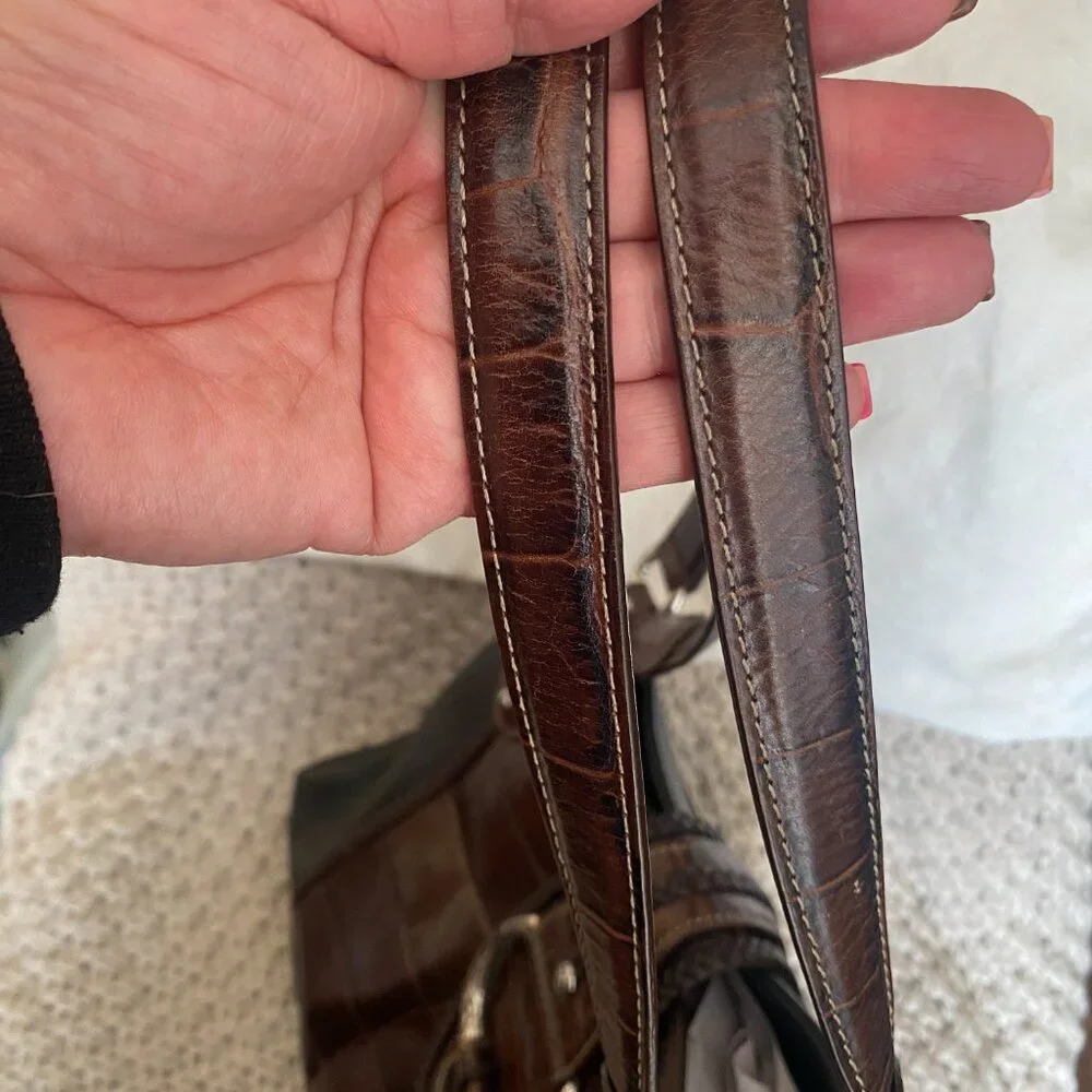 Brighton Croc Embossed Leather Tote Brown & Black Braided Detail - Picture 5 of 16